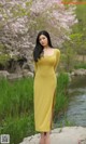 A woman in a yellow dress standing on a rock by a river.