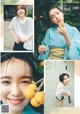 A collage of photos of a woman holding a lemon.