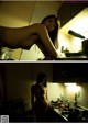 A naked woman standing in a kitchen next to a stove.