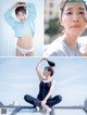 A collage of photos of a woman in a blue sweater and white panties.