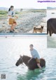 A young boy riding a horse in the water.